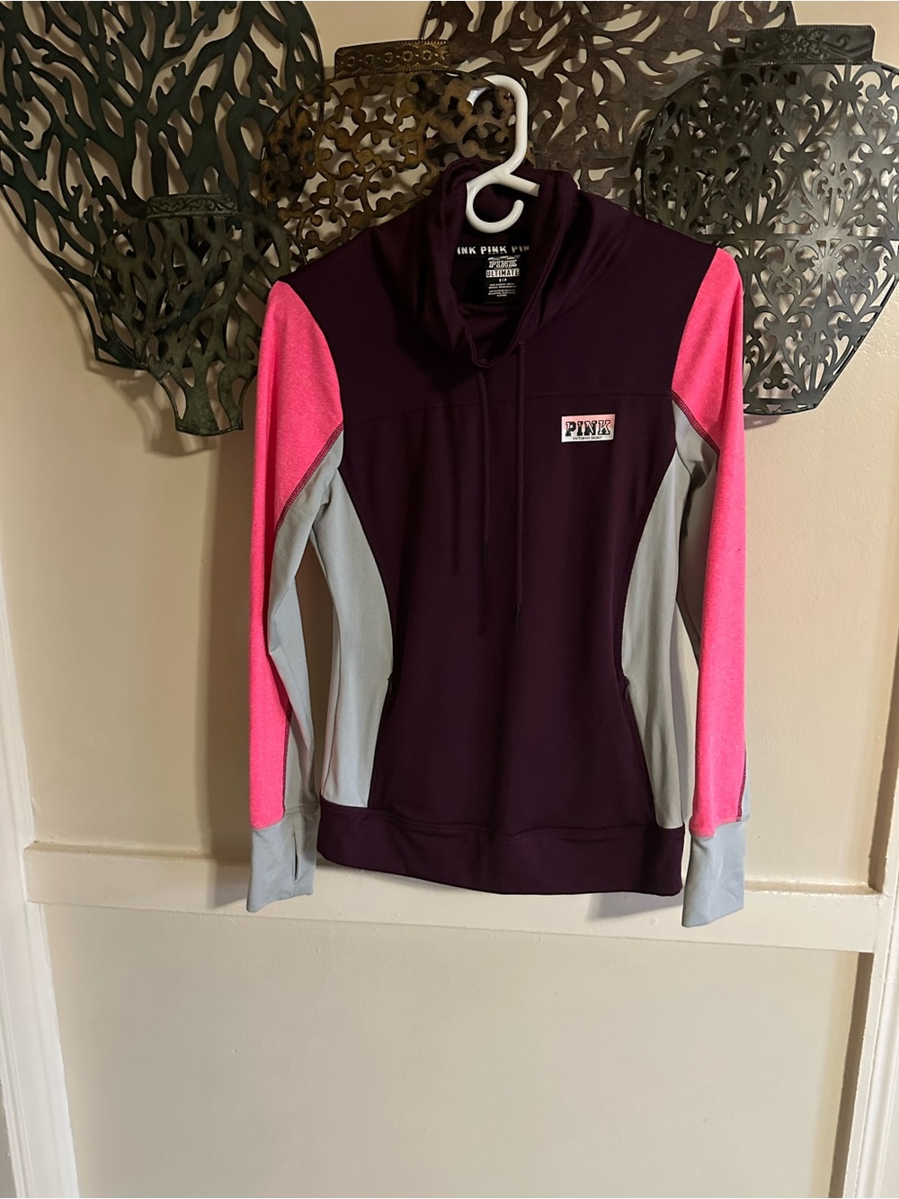 PINK Colorblock Pullover- Plum, Hot Pink & Gray
